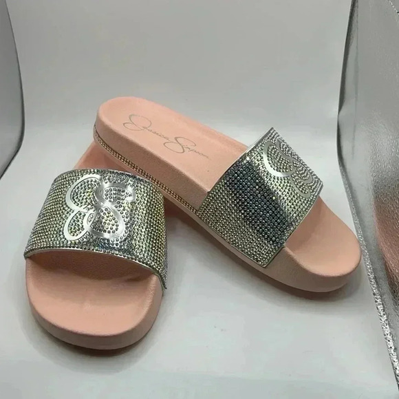 Jessica Simpson Slides NWOT pink/sliver BLING SZ .3 CUTE - Picture 1 of 8